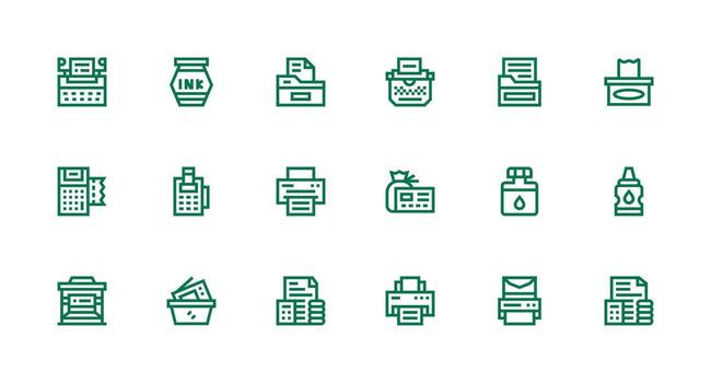 Printer Icon Set with 18 Strong Stroke Line Graphics Icon Collection Set vector