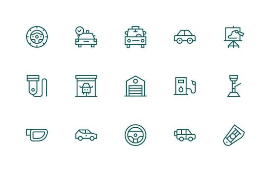 Auto Design Icons featuring 15 in Regular Line Style Reusable Icon Set vector
