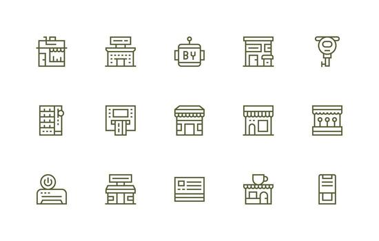 Kiosk Design Icons featuring 15 in Regular Line Style User Interface Icons for Digital Products vector