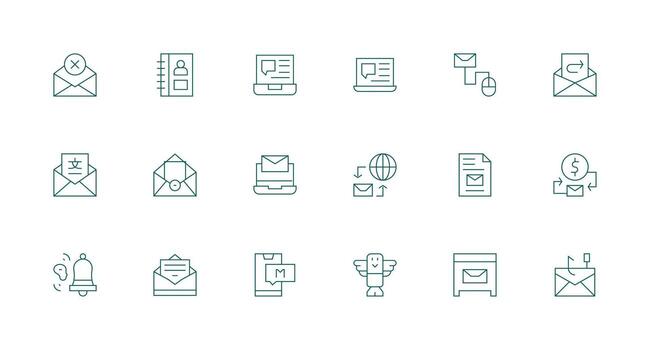 mínimo línea estilo correo electrónico íconos con 18 vectores funcional icono serie