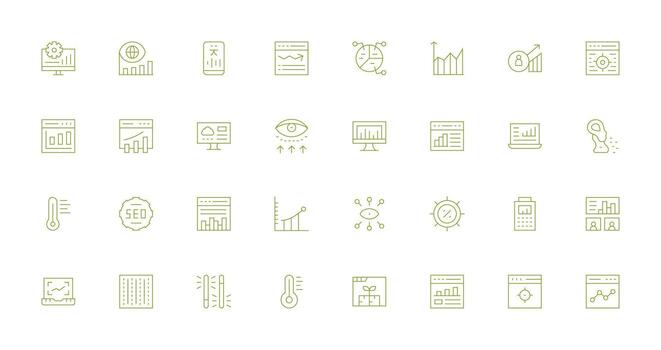 analítica diseño íconos presentando 32 en Delgado línea estilo digital icono colección vector