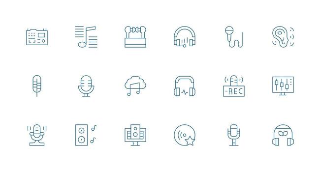 Digital Audio Design Icons featuring 18 in Minimal Line Style Detailed Icon Collection for Design Systems vector