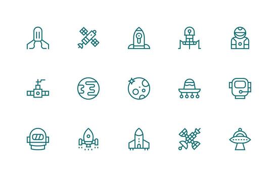 15 Regular Line Icons for Spacecraft Graphics Complete Icon Bundle for Web Design vector