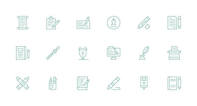 escritura icono conjunto con 18 mínimo línea gráficos organizado paquete para proyecto bienes vector