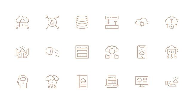 nube informática conjunto con 18 mínimo línea íconos ligero icono serie vector