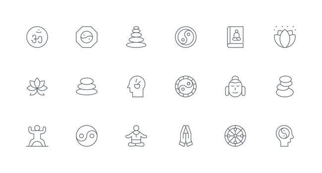 Meditation Design Icons featuring 18 in Minimal Line Style Web and App Icon Pack Collection vector