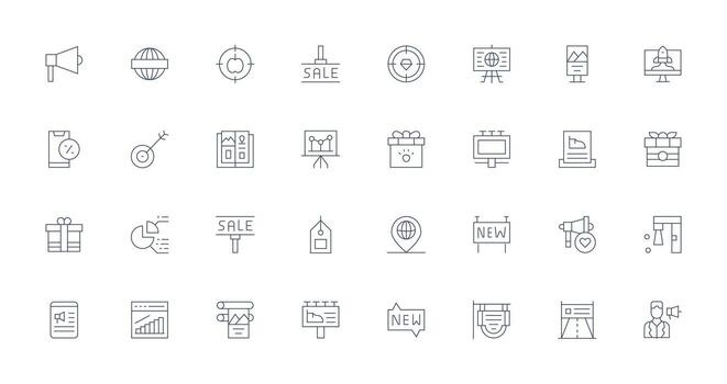 Marketing Design Icons featuring 32 in Thin Line Style Multi-Purpose Icon Set vector
