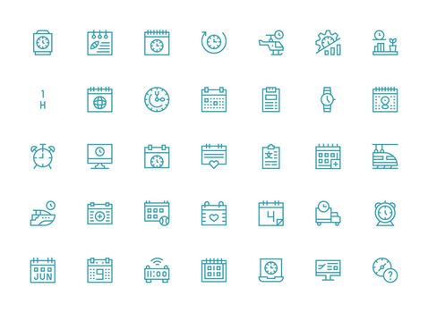 calendario presentando 35 íconos en regular limpiar línea diseño multi-estilo icono colección vector