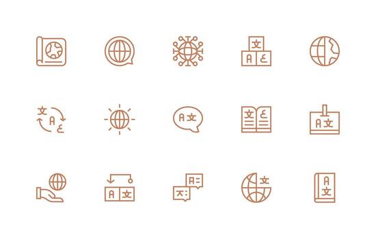 15 Icons for Multilingual in Regular Line Format Scalable Icons for Cross-Platform Interfaces vector