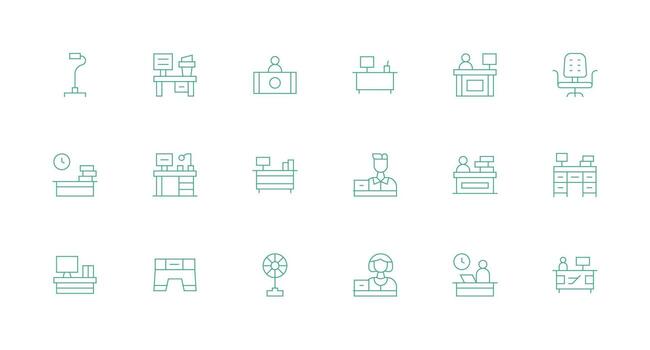 escritorio presentando 18 íconos en mínimo línea diseño ui y ux enfocado icono colección vector