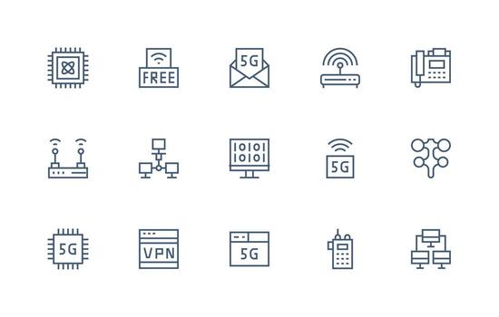 Data Transmission featuring 15 Icons in Regular Line Design Reliable Icons for All Interfaces vector