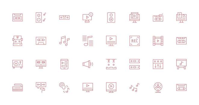 reproducción icono conjunto con 32 Delgado línea gráficos completar icono haz para web diseño vector