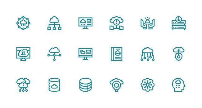 fuerte carrera línea estilo nube informática íconos con 18 vectores contorno icono paquete
