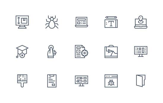 solicitud diseño íconos presentando 15 en regular línea estilo escalable íconos para todas temas vector