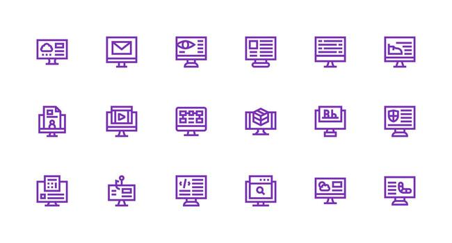 Computer Screen Icon Collection with 18 Strong Stroke Line Designs Lightweight Icon Series for Fast Prototypes vector