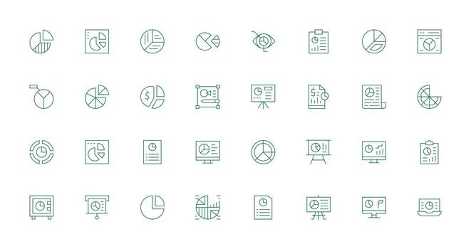 Pie Chart featuring 32 Icons in Thin Line Design Detailed Icon Collection for Design Systems vector