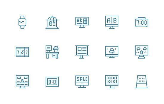 Digital Display Icon Set with 15 Regular Line Graphics High-Resolution Icons for Any Platform vector