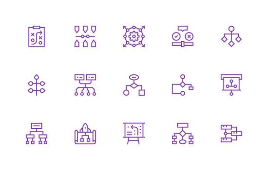 Flowchart featuring 15 Icons in Regular Line Design Sharp Icons for Presentations vector