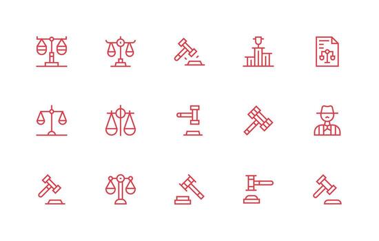 juicio diseño íconos presentando 15 en regular línea estilo icono conjunto para aplicaciones vector