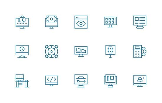monitor visual paquete conteniendo 15 regular línea íconos completar icono conjunto para móvil aplicaciones vector