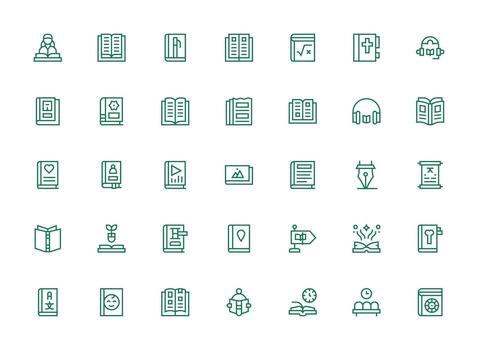 Book Icon Set with 35 Regular Clean Line Graphics Fully Editable Icon Set for Web vector