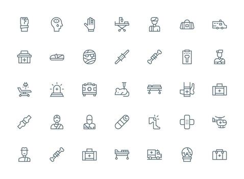 trauma conjunto con 35 regular limpiar línea íconos diseño icono colección vector