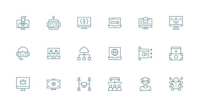 virtual presentando 18 íconos en mínimo línea diseño pulcramente diseñado íconos para web plataformas vector