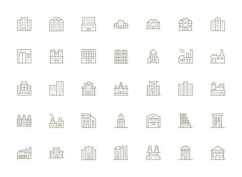 Commercial Building Design Icons featuring 35 in Light Line Style Balanced Icon Set for Functional Design vector
