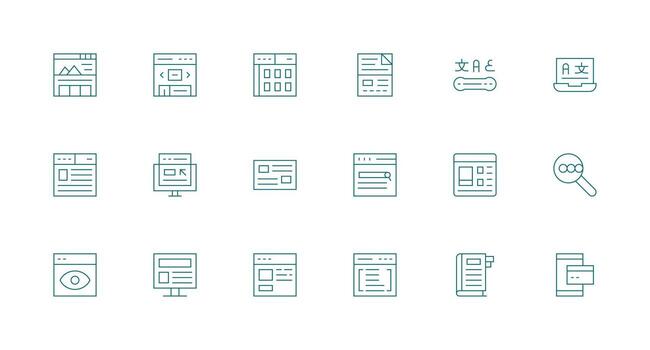 18 página web íconos en mínimo línea estético íconos construido para visual consistencia paquete vector