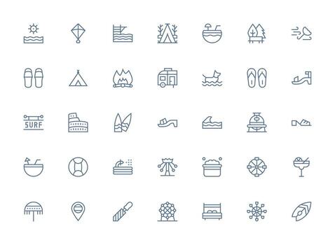 Vacation featuring 35 Icons in Regular Clean Line Design Complete Icon Bundle for Web Design vector