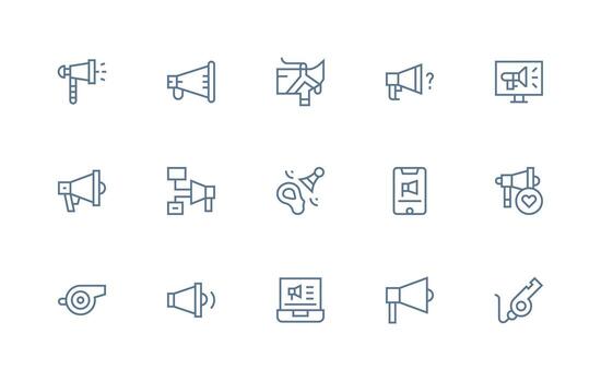Megaphone Icon Set with 15 Regular Line Graphics Simplified Icon Pack for Visual Tools vector