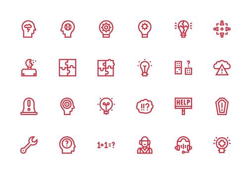 grueso línea línea íconos desde problema resolviendo conjunto con 24 vectores funcional icono serie
