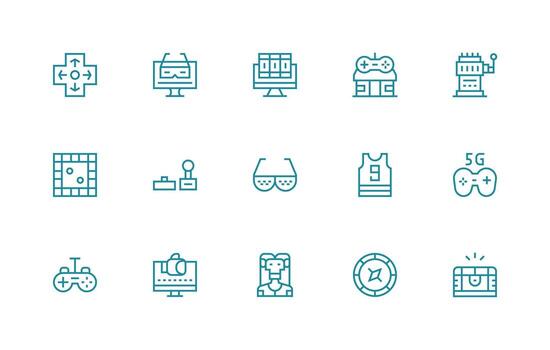 Gaming Design Icons featuring 15 in Regular Line Style Glyph Icon Series vector