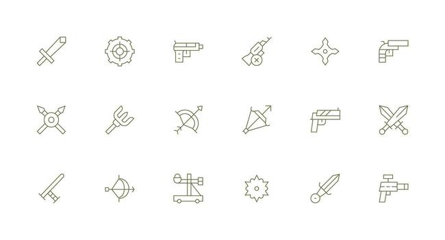 18 Icons for Weapon in Minimal Line Format Clear and Concise Icon Set Collection vector