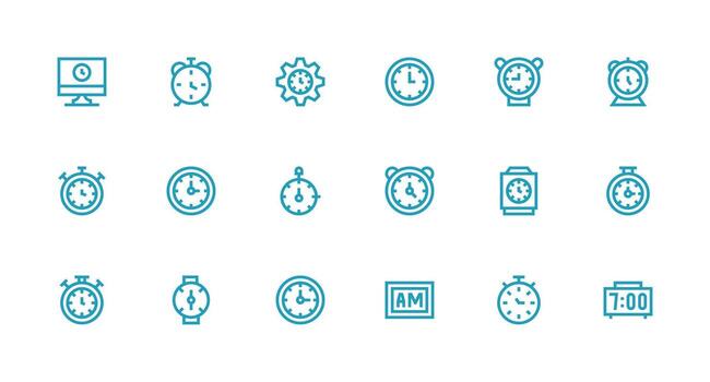 18 Icons for Digital Clock in Strong Stroke Line Format Essential Icons for Rapid UI Building vector
