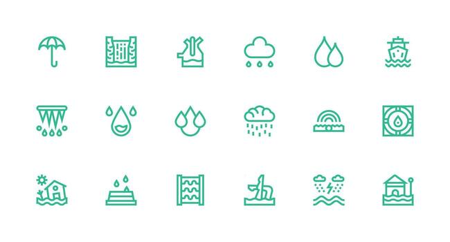 Flood Design Icons featuring 18 in Strong Stroke Line Style Complete Icon Set for Mobile Apps vector