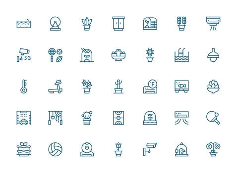 Indoor Design Icons featuring 35 in Regular Clean Line Style Balanced Icon Set for Functional Design vector