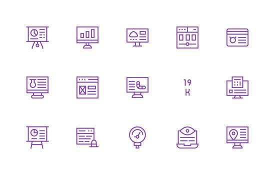 regular línea íconos desde datos monitor conjunto con 15 vectores flexible icono sistema para web interfaces