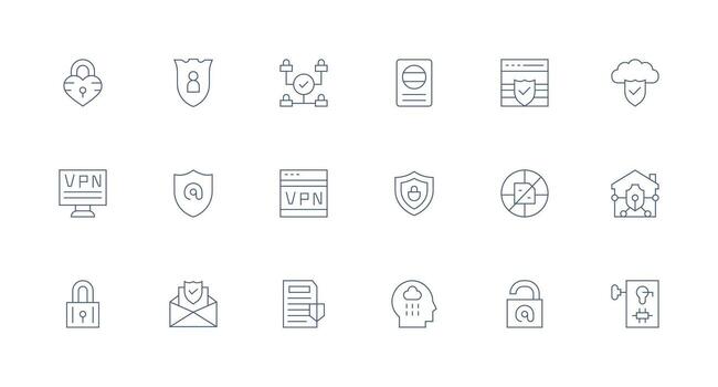 18 íconos para digital seguridad en mínimo línea formato compacto icono conjunto vector