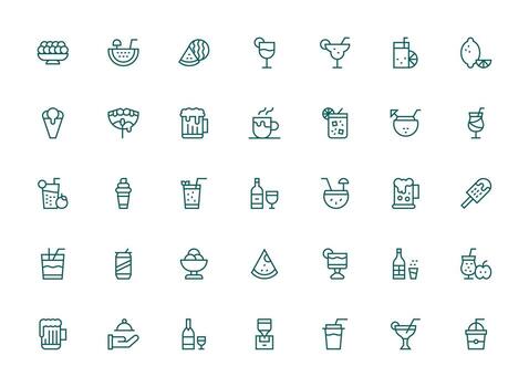 Refreshment Design Icons featuring 35 in Regular Clean Line Style High-Resolution Icons for Any Platform vector