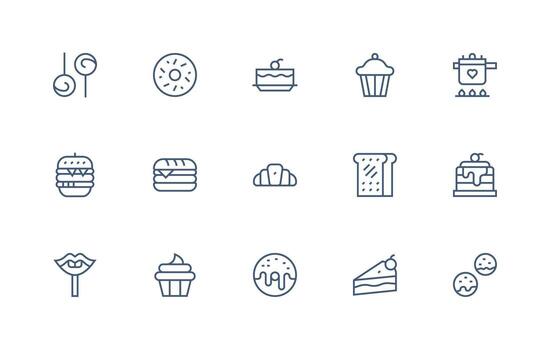 Yummy Design Icons featuring 15 in Regular Line Style Display Icon Pack vector