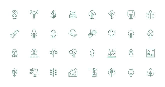 Tree Design Icons featuring 32 in Thin Line Style Icon Pack for Various Themes vector