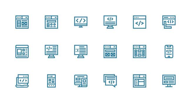 Html Design Icons featuring 18 in Strong Stroke Line Style Minimal Icon Set for Interface Projects vector