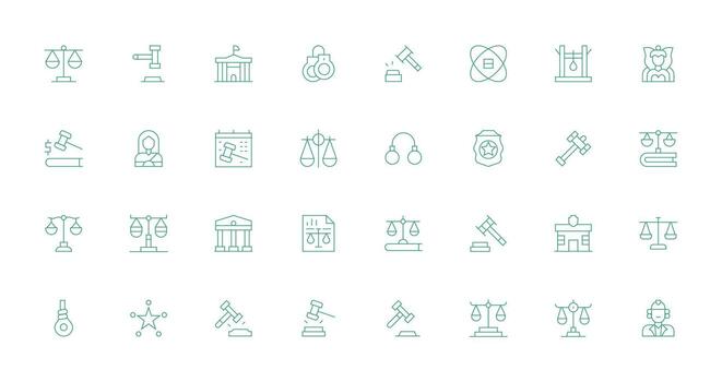 Justice Icon Set with 32 Thin Line Graphics Complete Icon Bundle for Web Design vector