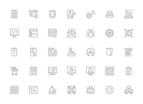 Application Design Icons featuring 35 in Light Line Style Minimal Icon Set for Interface Projects vector