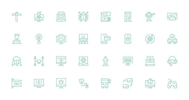 Delgado línea íconos desde virtual conjunto con 32 vectores organizado glifo íconos para rápido diseño