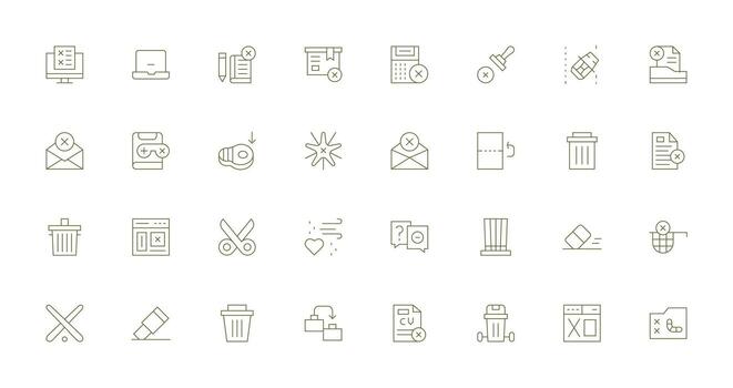 Delete Icon Collection with 32 Thin Line Designs Organized Pack for Project Assets vector