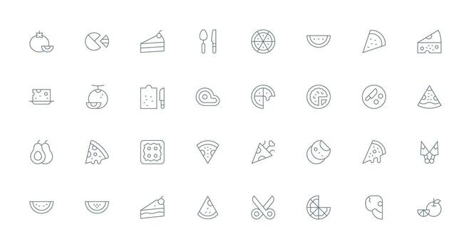 32 íconos para rebanada en Delgado línea formato icono conjunto para web vector