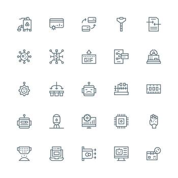 Procesando icono conjunto con 25 medio carrera contorno gráficos inteligente icono colección vector