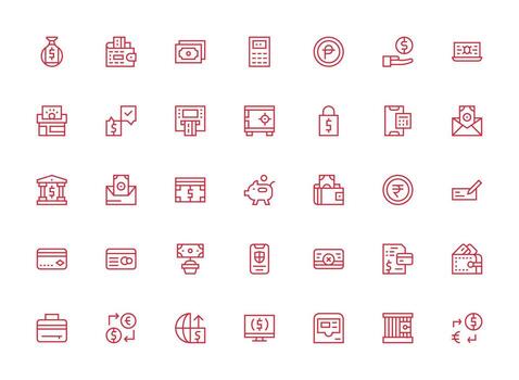 Banking Design Icons featuring 35 in Regular Clean Line Style Customizable Icon Series for Mobile Screens vector